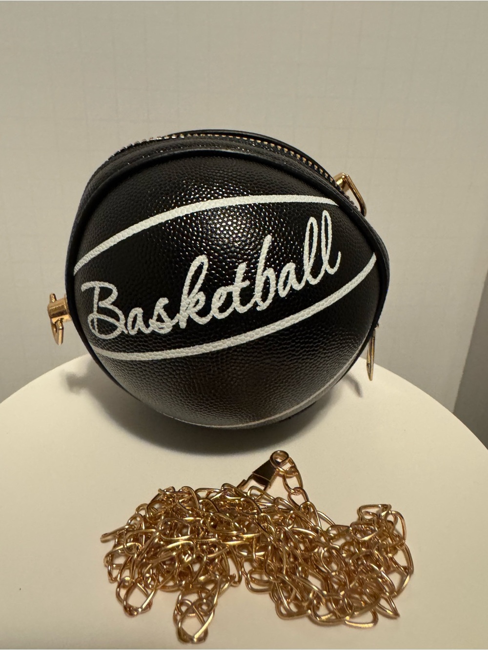 Mini Basketball-Shaped Crossbody Bag in Black with Gold Chain